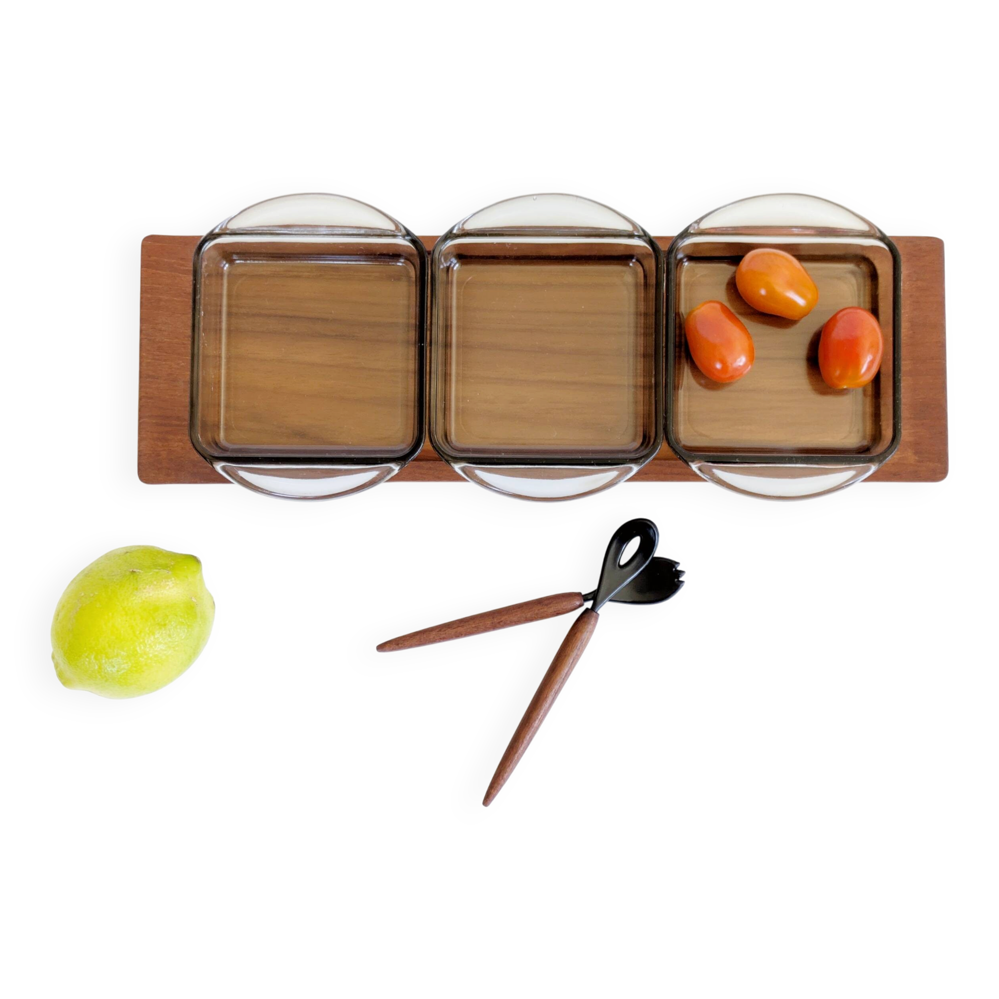 Danish vintage service teak tray, smoked glass bowls, spoon fork.