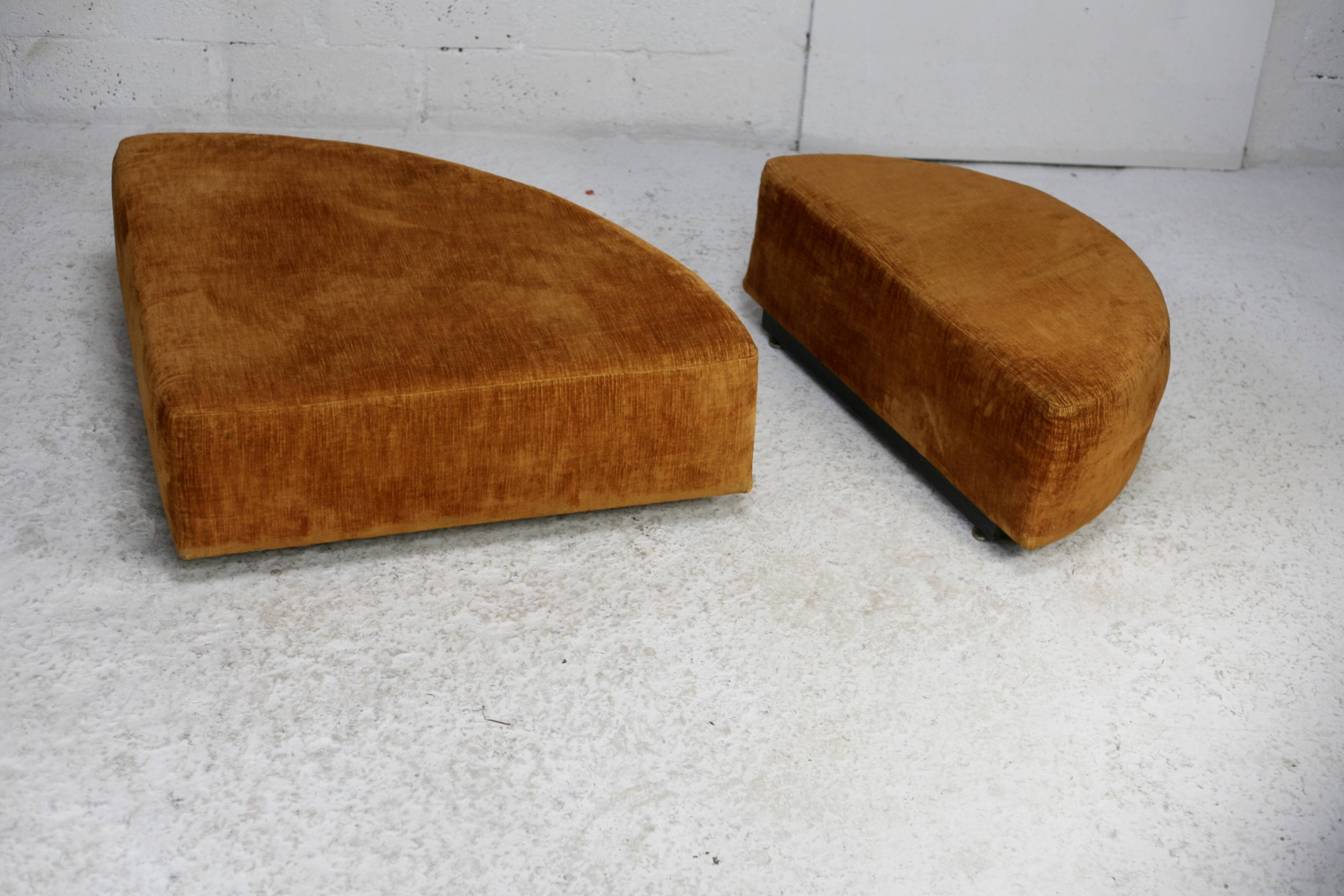 Pair of “tawny” velvet seats. Foam, wood, velvet. Circa 1970