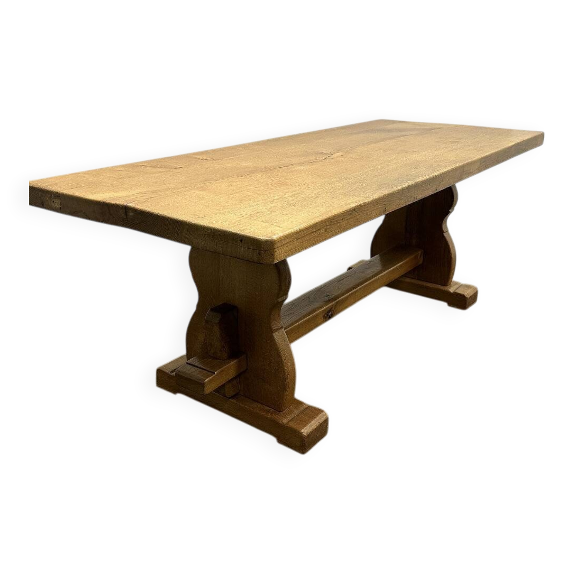 Vintage large French blonde oak monastery dining table, 1960s.