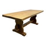 Vintage large French blonde oak monastery dining table, 1960s.