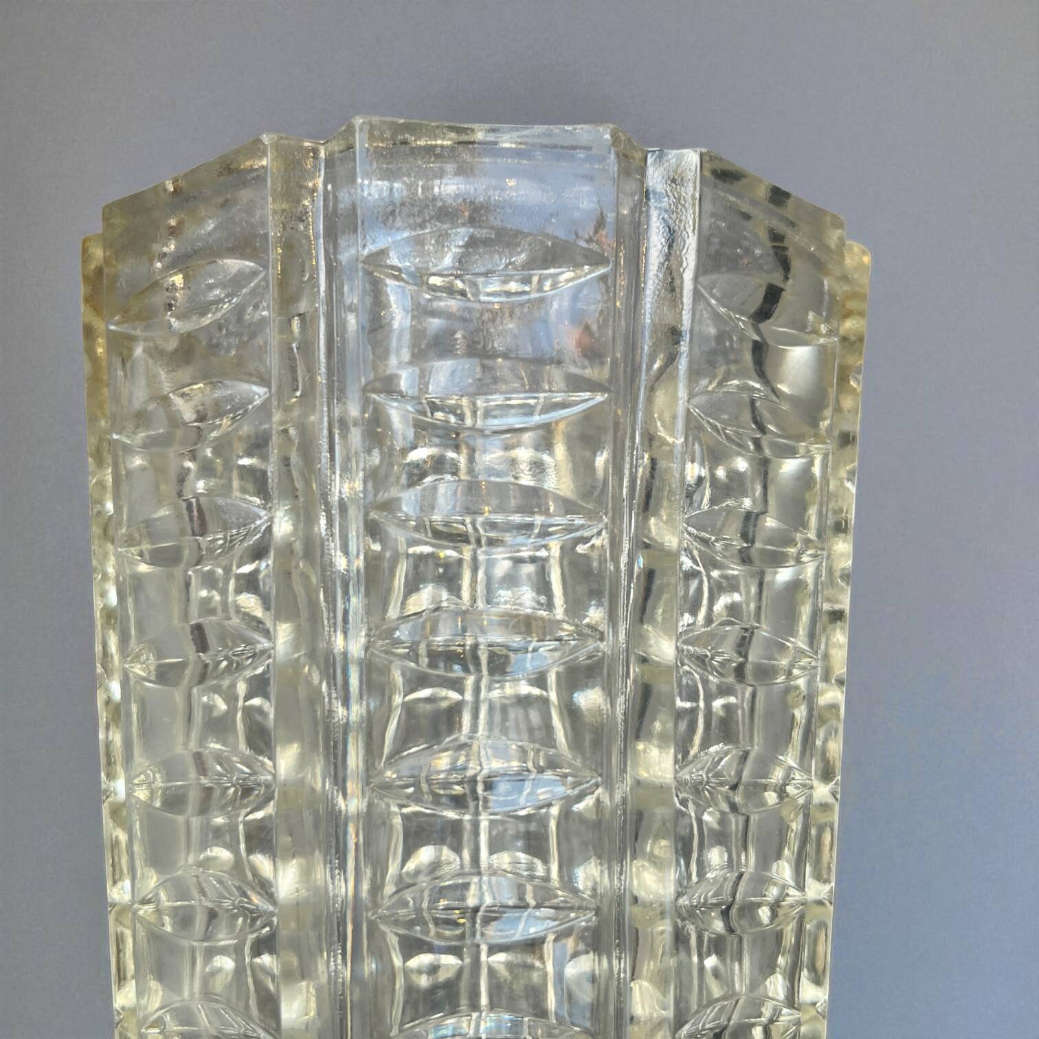 Art Deco geometric pattern molded glass vase from the 1940s