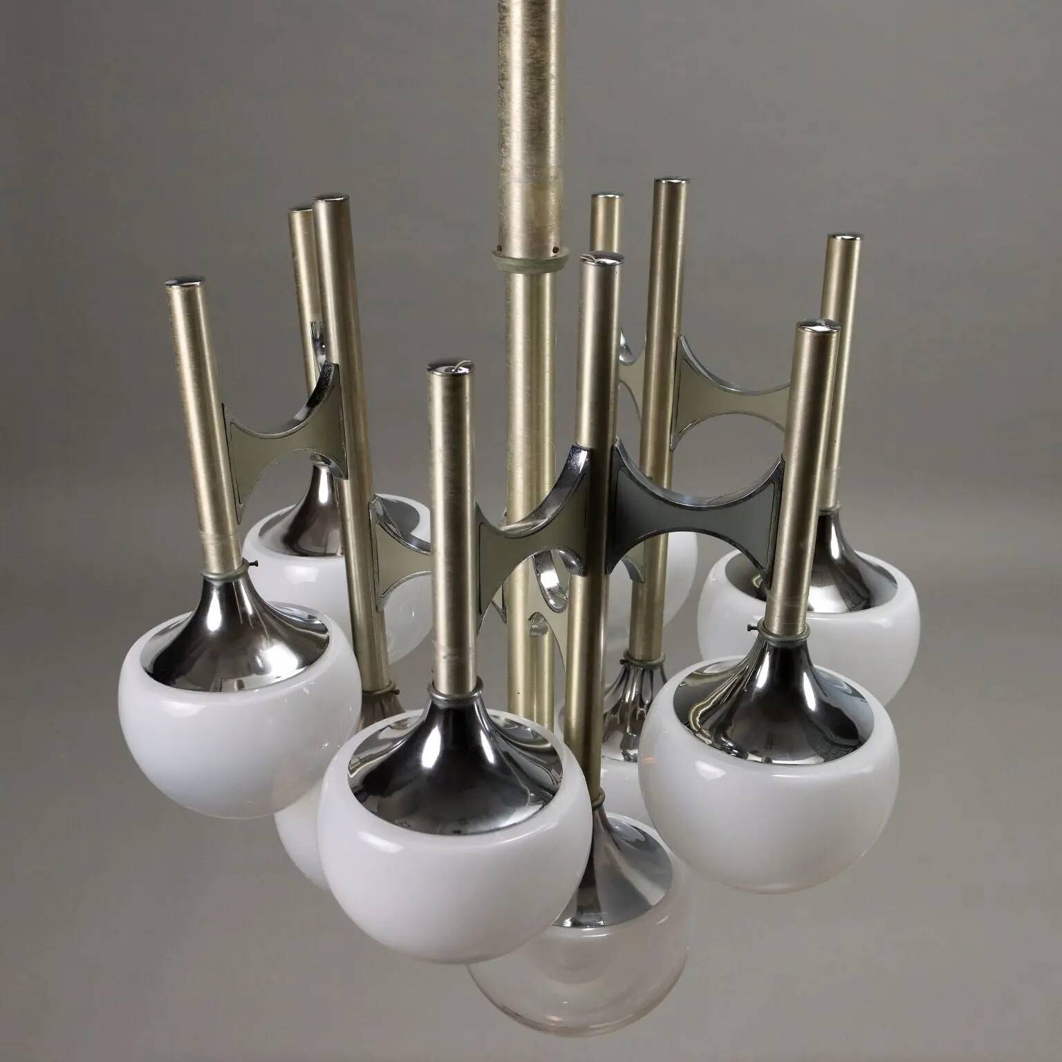 Vintage lacquered steel chandelier with glass spheres, Italy, 1960s-1970s.