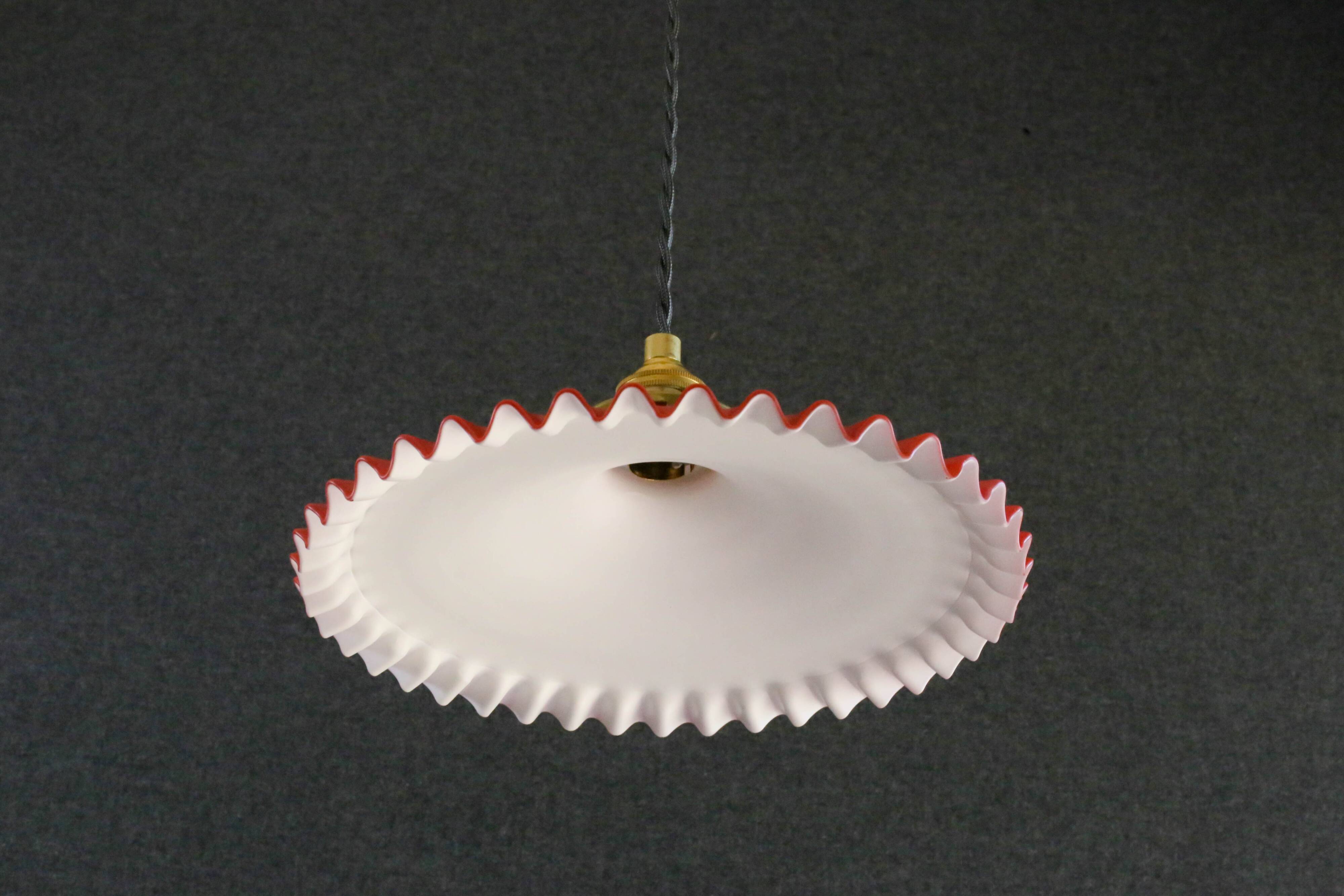 Pendant light in old glass painted red and white. New socket and cable.