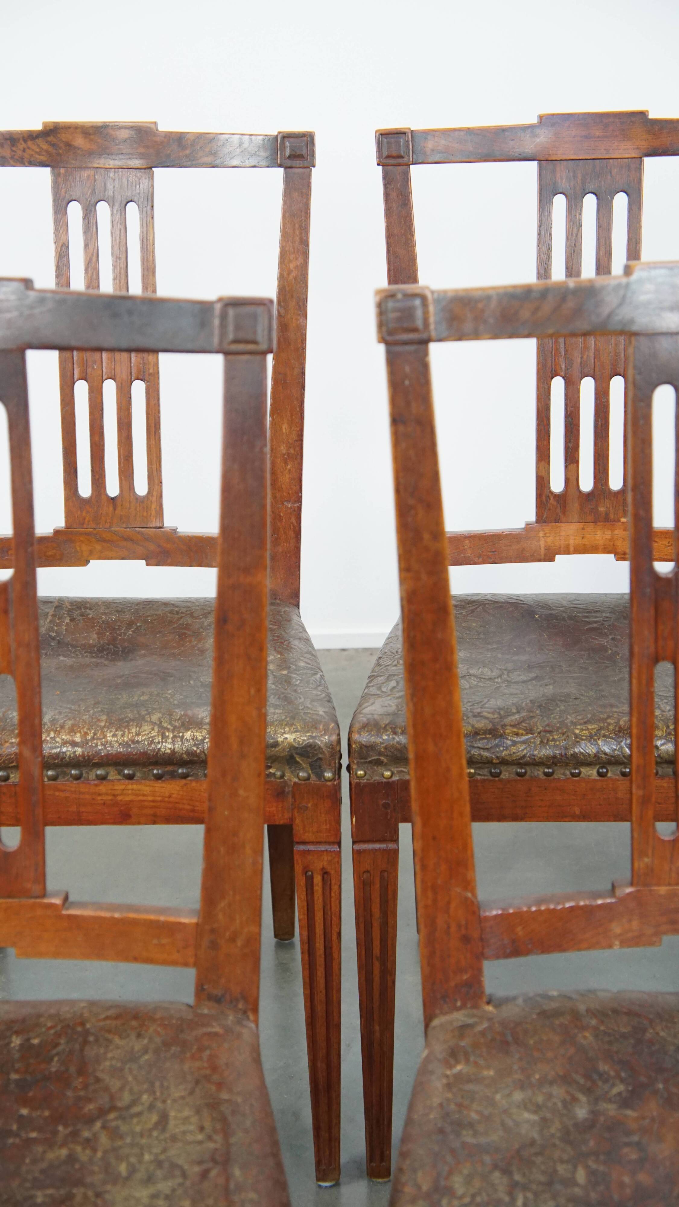 Ensemble de 6 chaises de salle à manger en cuir antiques d'origine néerlandaise