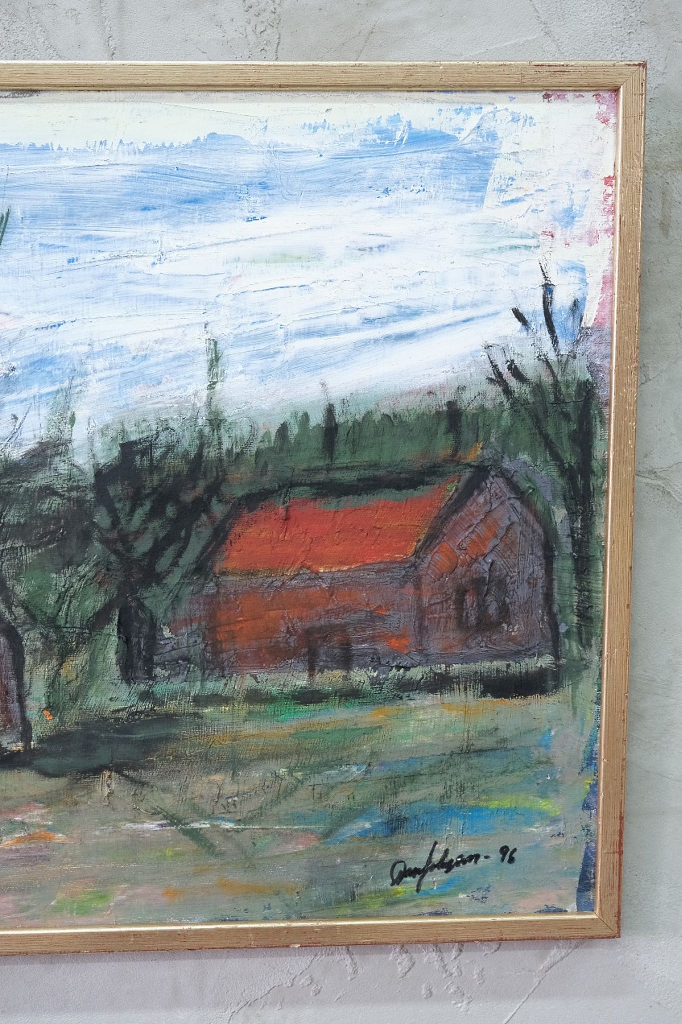 Scandinavian modern painting, signed,  1990s, oil on canvas, framed
