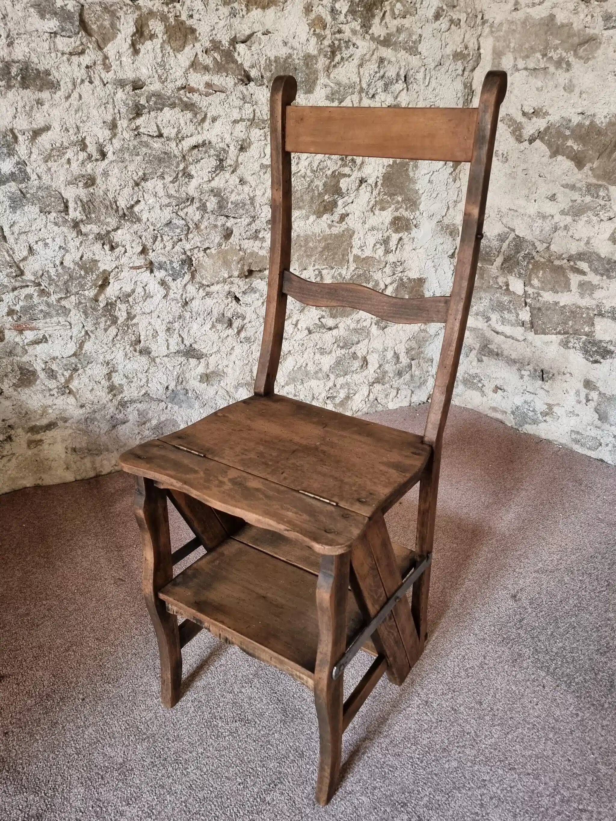 Chaise échelle de bibliothèque en chêne français antique – Tabouret escamotable
