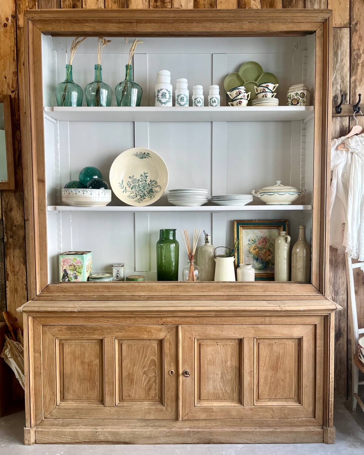 Two-body sideboard, bookcase, dresser in restored solid oak