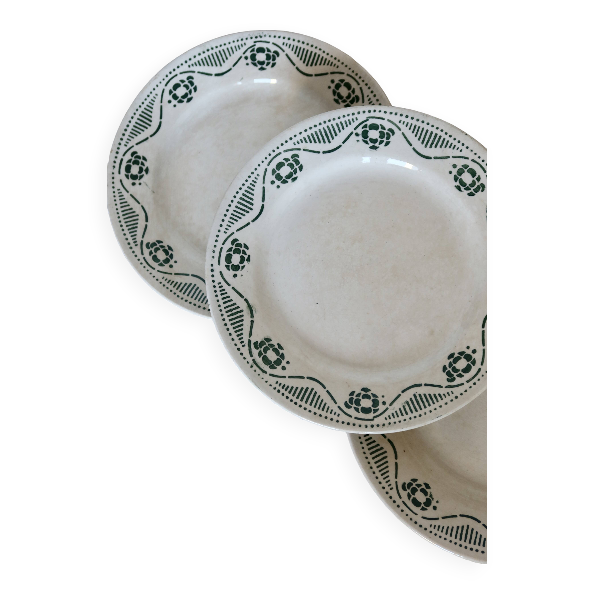 6 flat iron earth plates Nouvelles Galeries Ennegé Paris Robert model 1930s