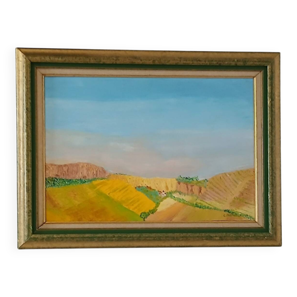 Huile sur Toile ''Campagne Ensoleillée'' – Cadre Vintage Doré et Vert