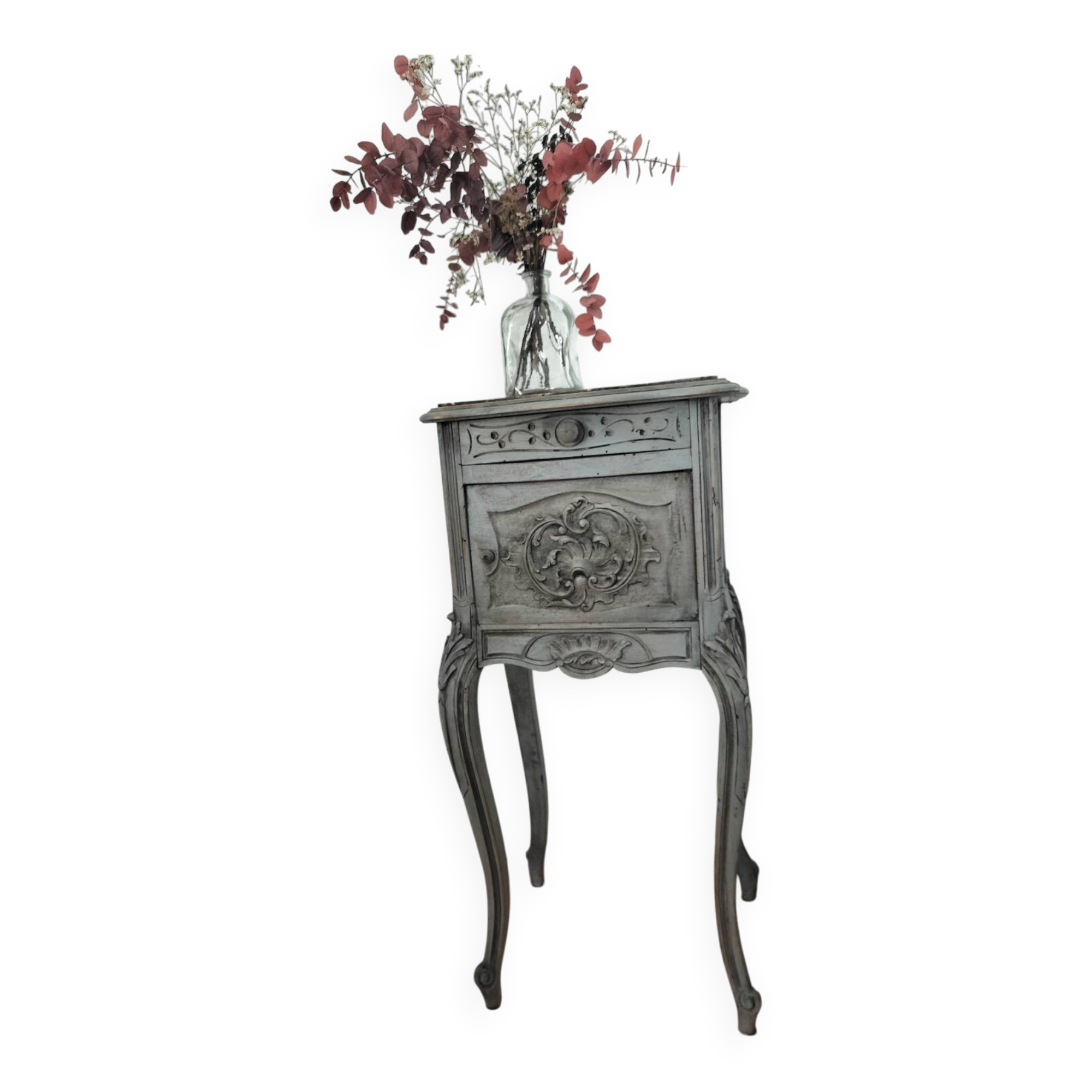 Table de chevet en bois et marbre, 1 tiroir et 1 placard