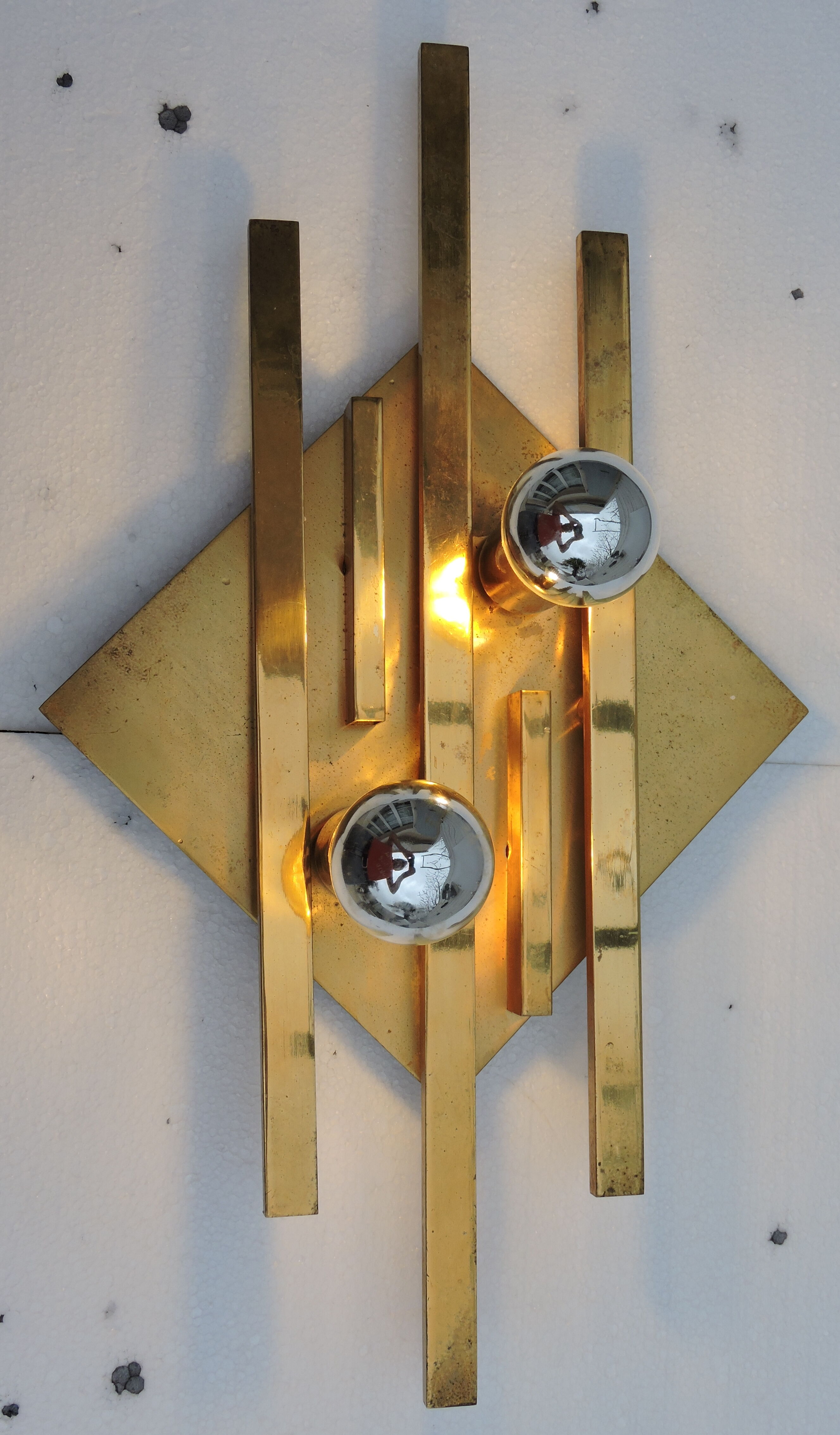 Pair of vintage geometric brass wall lamps