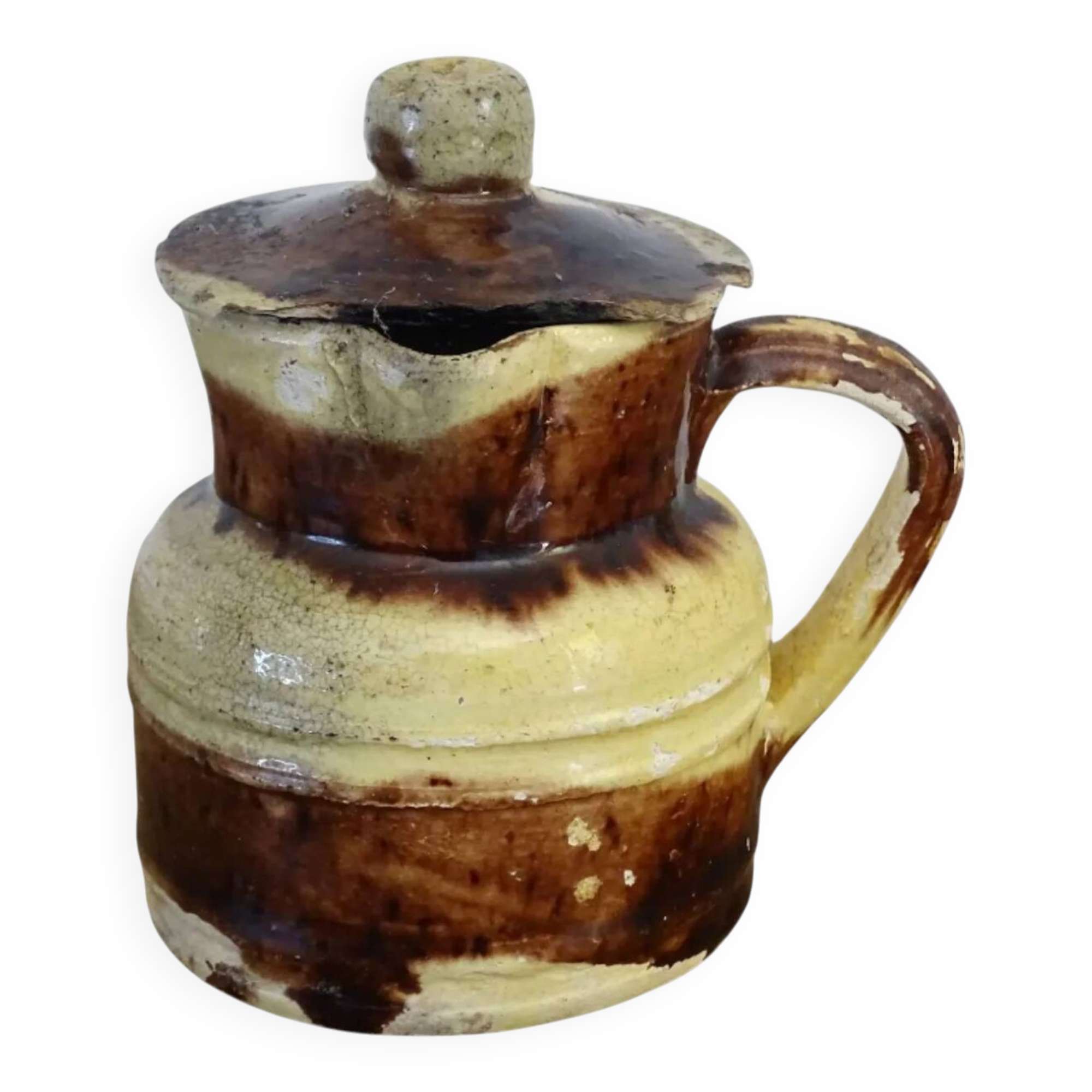 Petit pichet ancien français en céramique avec couvercle, provenant de Dieulefit