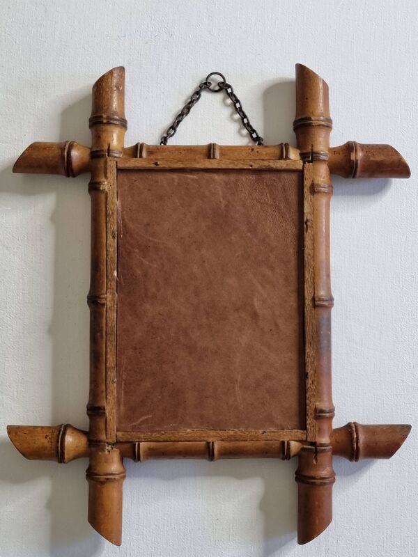 Miroir ancien en bois tourné style bambou, fin XIXe siècle, 38 x 31 cm