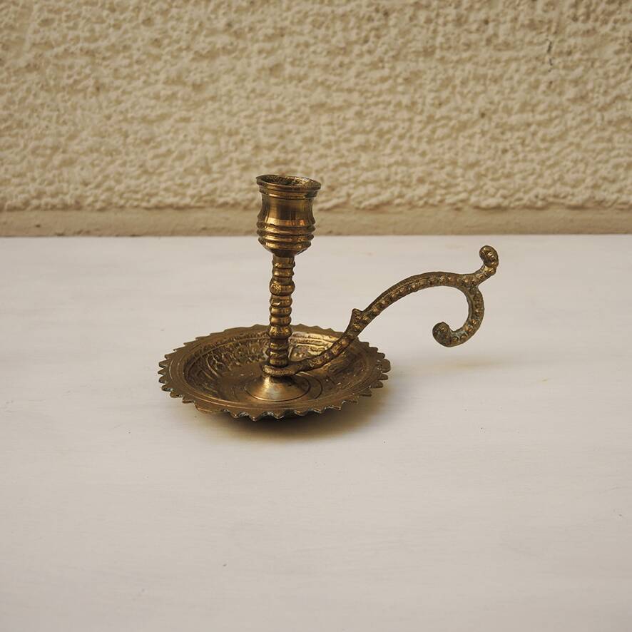 Antique Gilded Brass Candlestick with Handle
