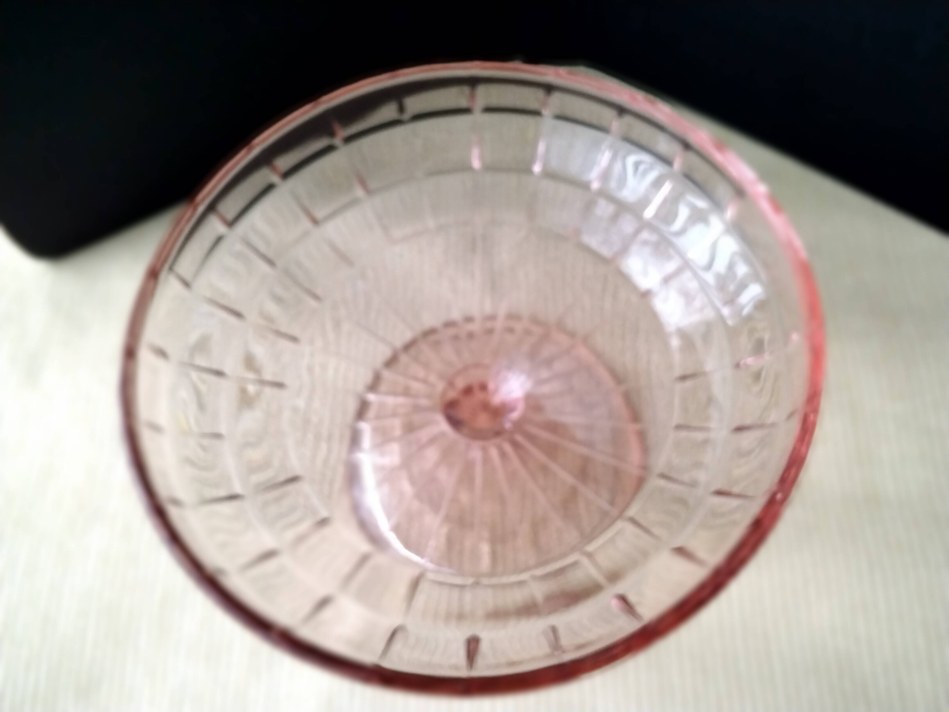 Footed bowl, pressed glass compote in pink Art Deco style.