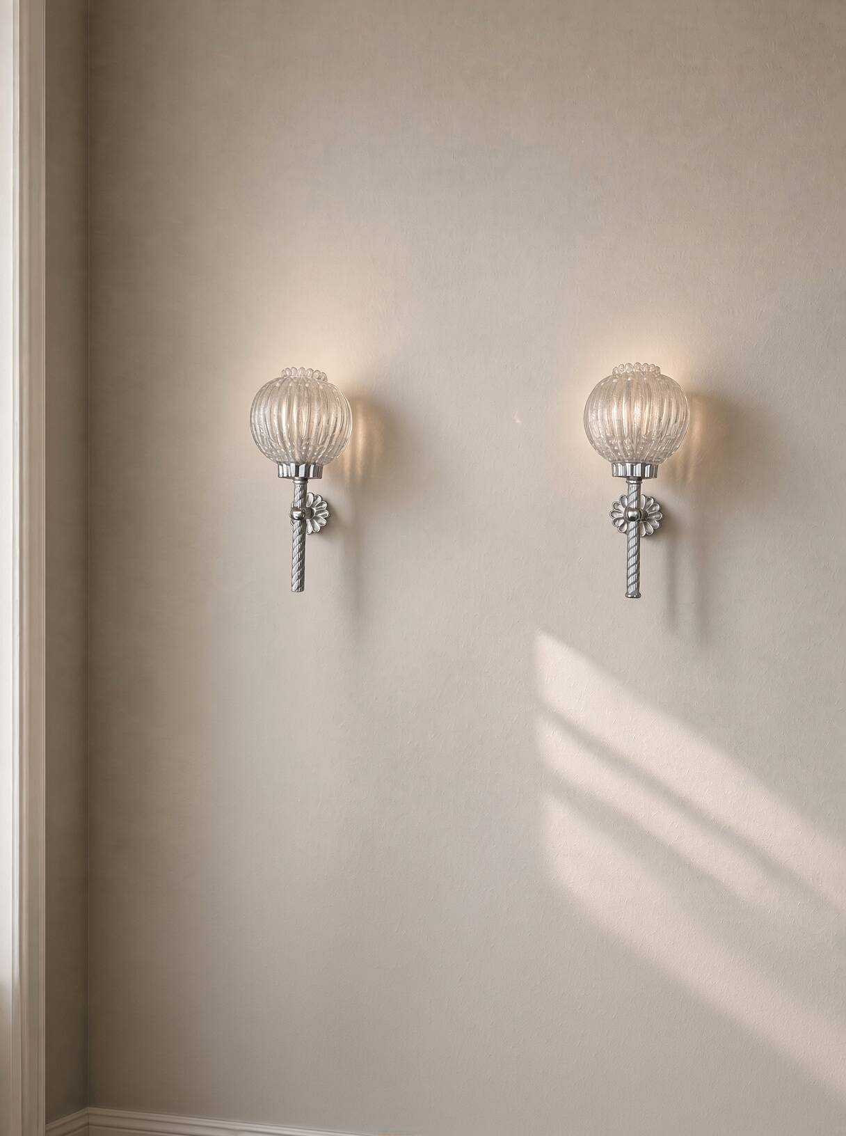 Pair of vintage wall lights; chrome striped glass floral globes; 1960s-70s.
