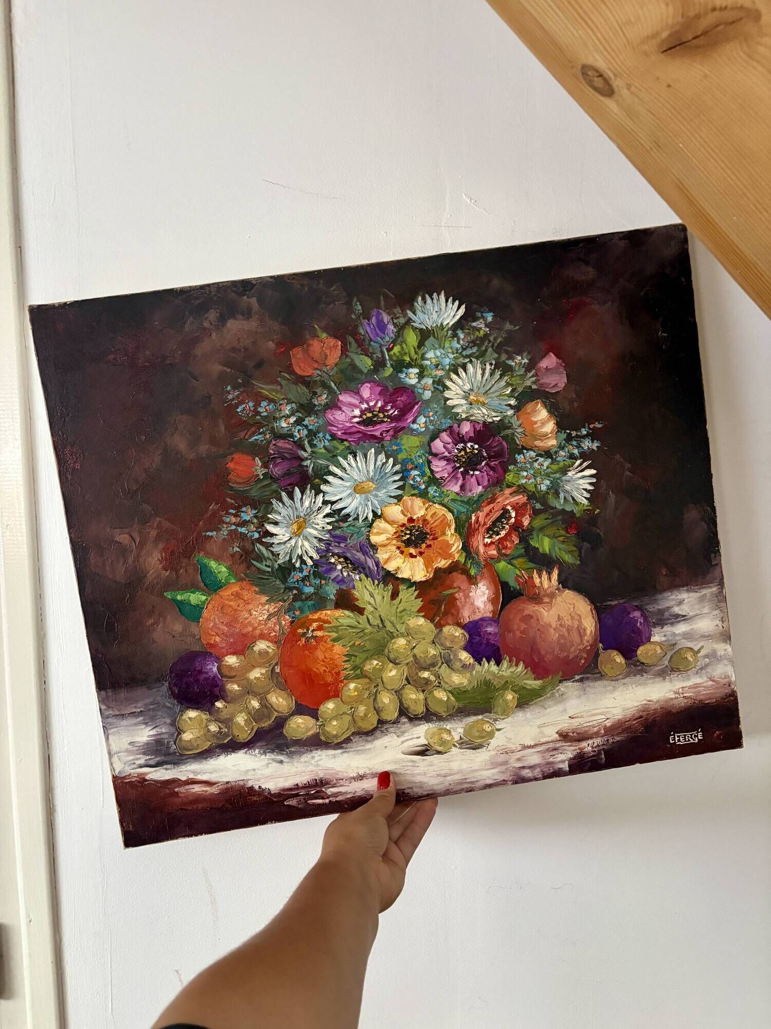 Old painting, still life of flowers and fruits.