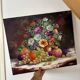 Old painting, still life of flowers and fruits.