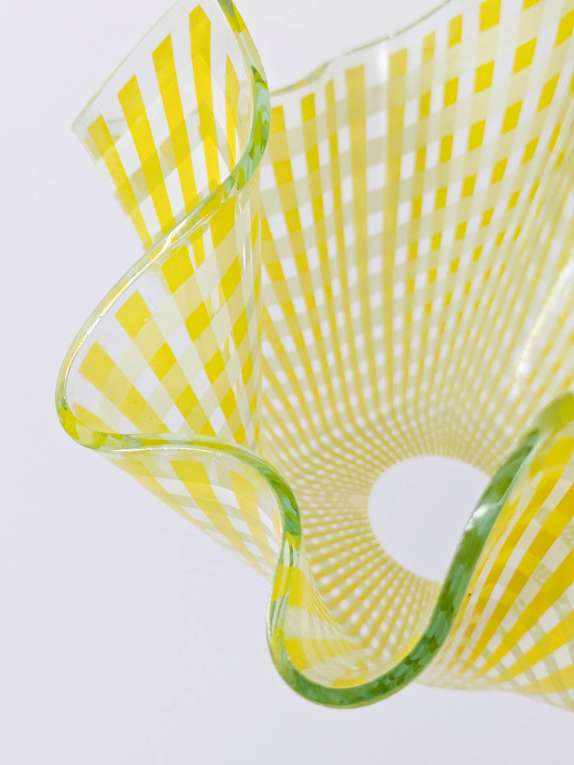 Pair of "Gingham" Chance Brothers cups with yellow checkered pattern and wavy edges.