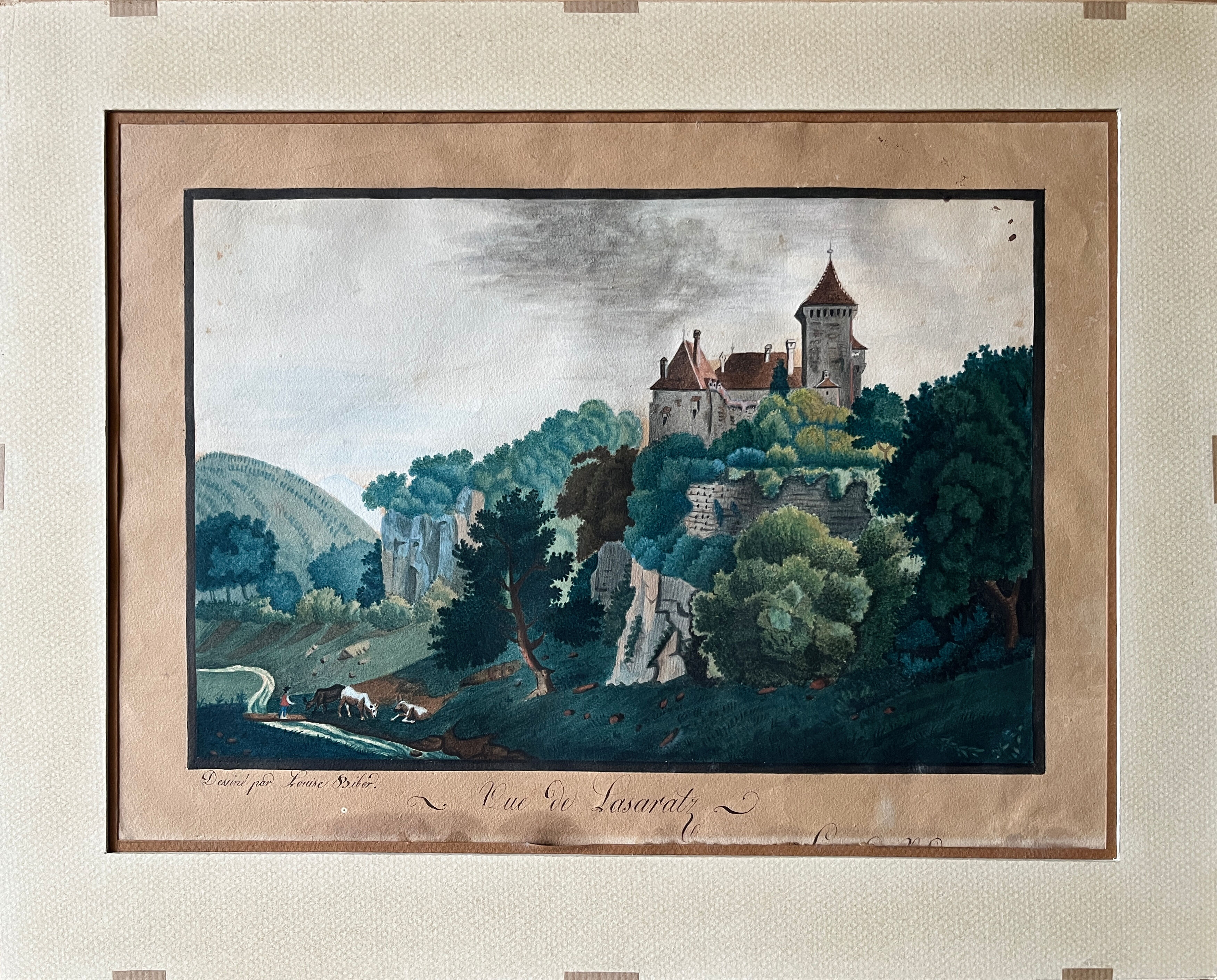 Watercolour painting XVIII "View of Lasaratz - Château de Sarraz" Canton of Va