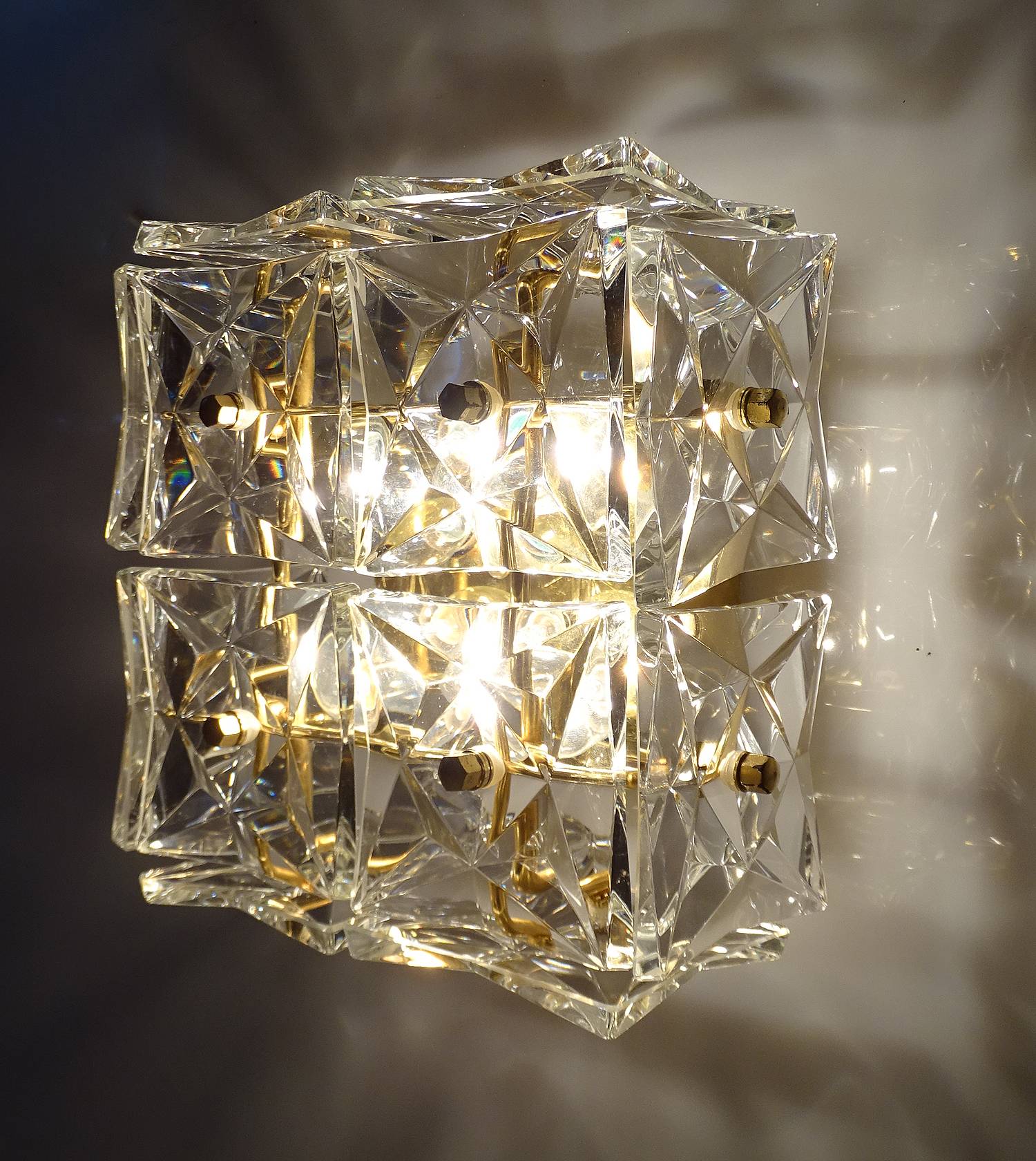 pair vintage wall lamps 60s golden crystal fine gold