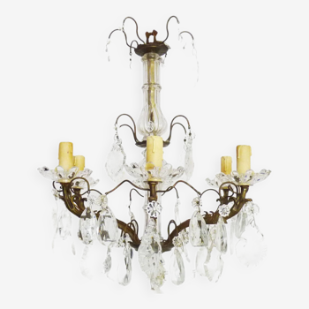 Old Marie-Thérèse chandelier, suspension, old light fixture with 6 branches, brass and glass. 60s