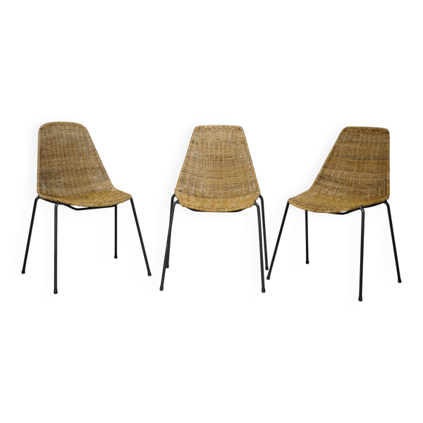 3 chaises par Franco Legler en osier et métal, années 1960