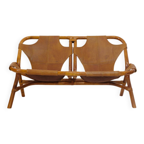 Rohe Noordwolde, banquette en bambou et cuir, 1970s.