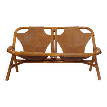 Rohe Noordwolde, bamboo and leather bench, 1970s.