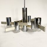 Sciolari six-light pendant light in chrome and aluminum italian work from the 1970s