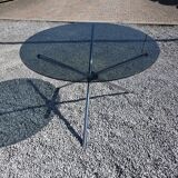 Round chrome metal table with smoked glass top from the 70s