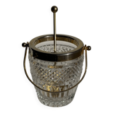 Small golden glass ice bucket with diamond point design and its scoop.