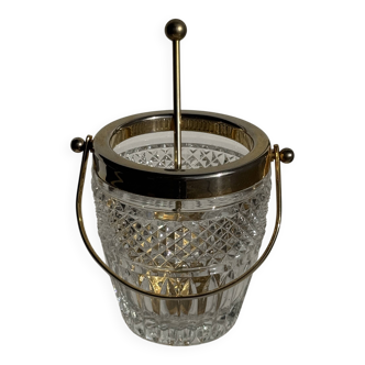 Small golden glass ice bucket with diamond point design and its scoop.