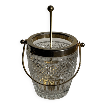 Small golden glass ice bucket with diamond point design and its scoop.