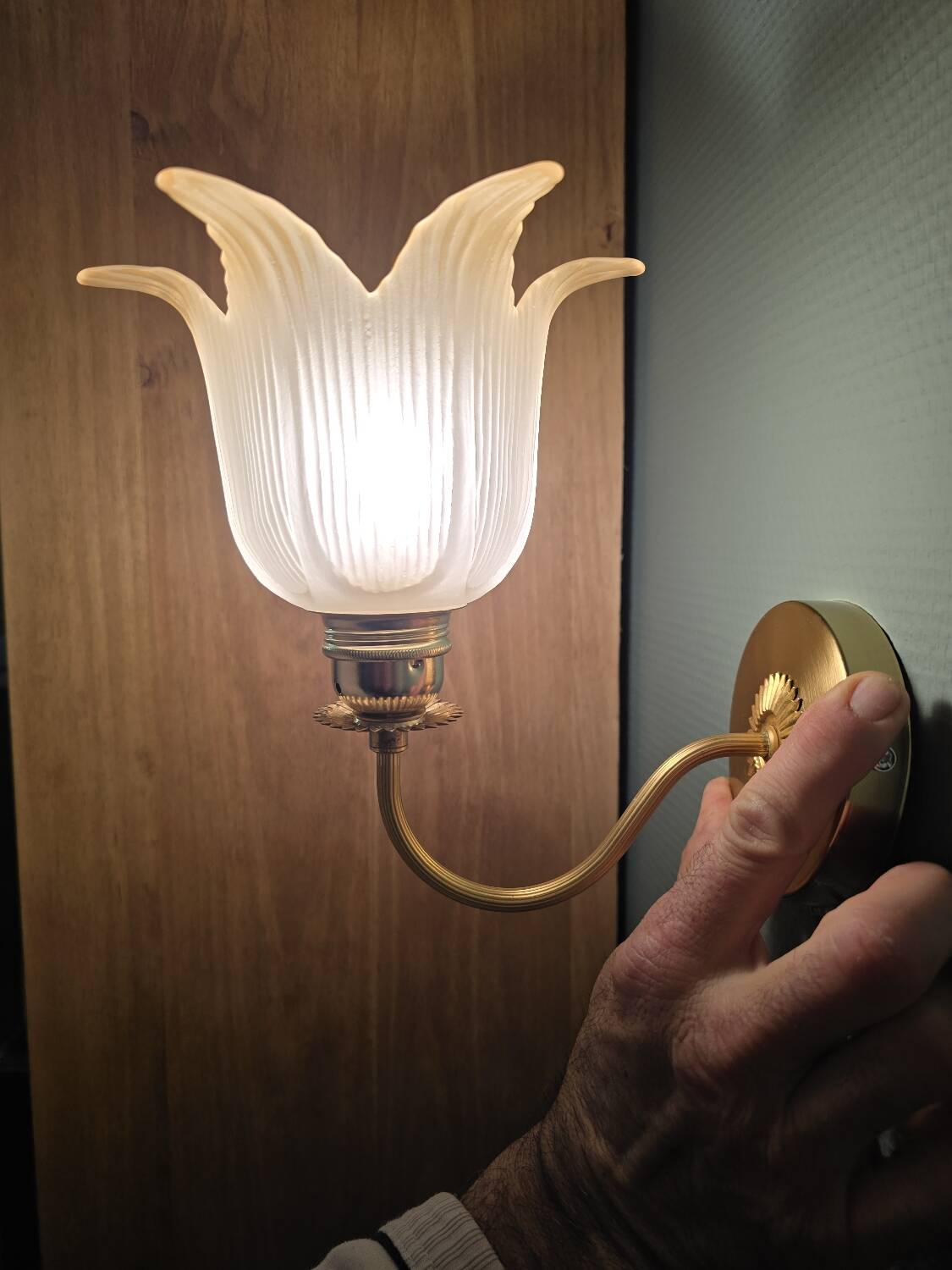Frosted glass wall sconces and gilded brass in Art Deco style.