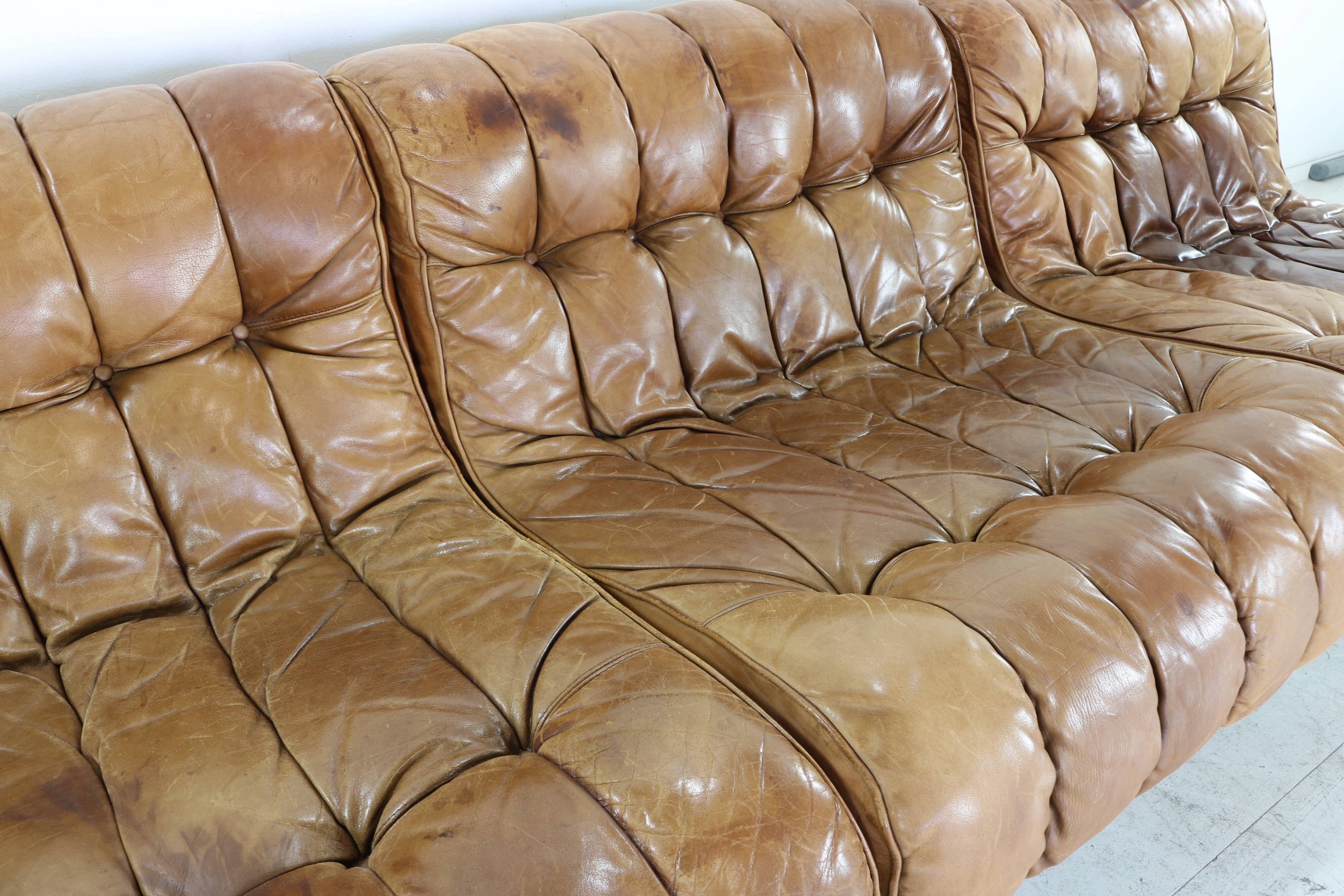 70s living room set in cognac brown leather with black wenge wood frame