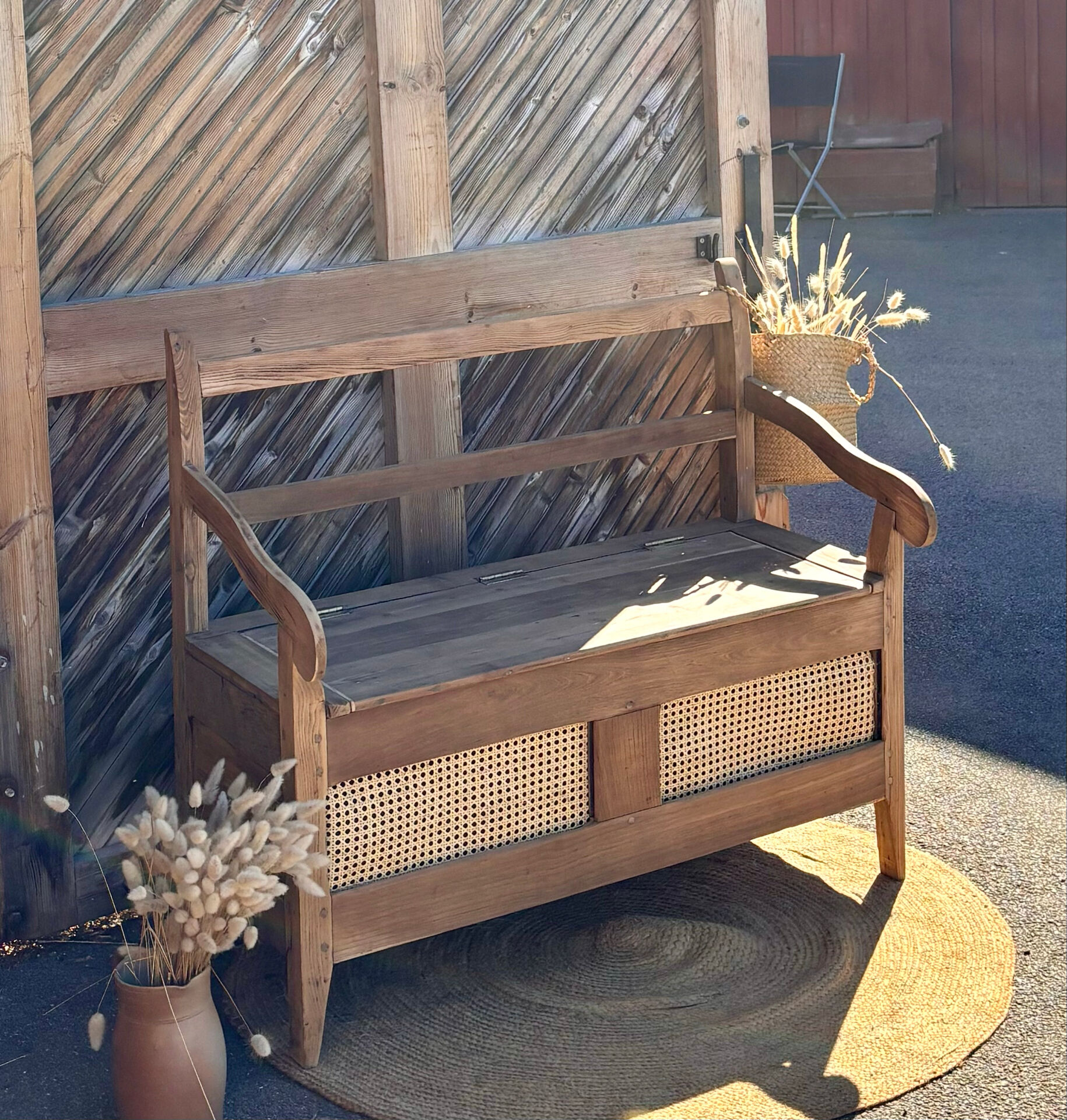 Antique oak solid wood bank with caning.