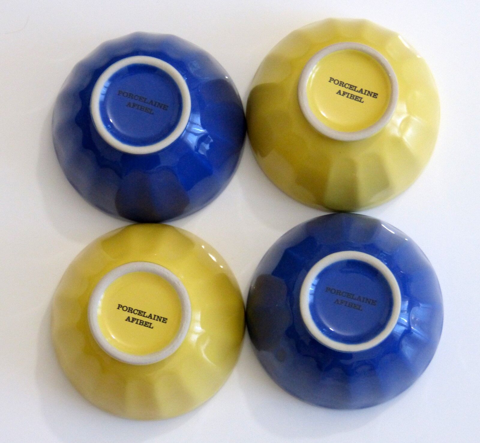 4 afibel blue and yellow porcelain bowls
