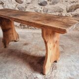 Antique pine bench – France, 1920s – Rustic wooden seat with bell