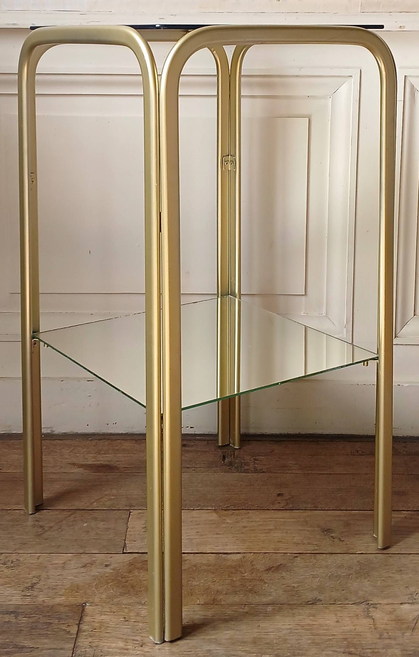 Bolster side table in gold metal, smoked glass & mirror Hollywood Regency 80's