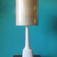 High white stone lamp, Danish design 1965 with a birch-style shade.