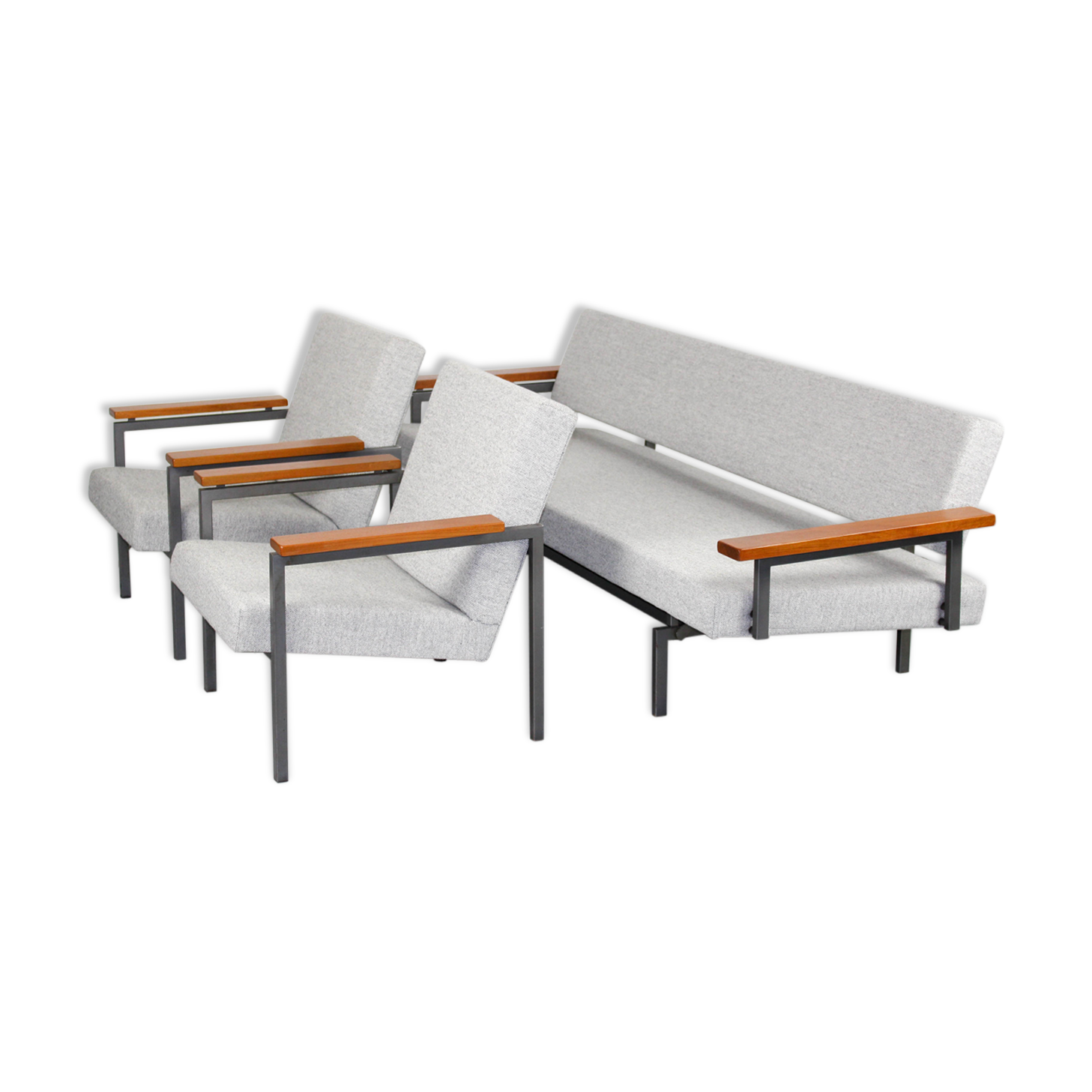 Méridienne Rob Parry et chaises longues avec accoudoirs en teck