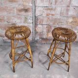 Paire de tabourets de bar bambou & rotin