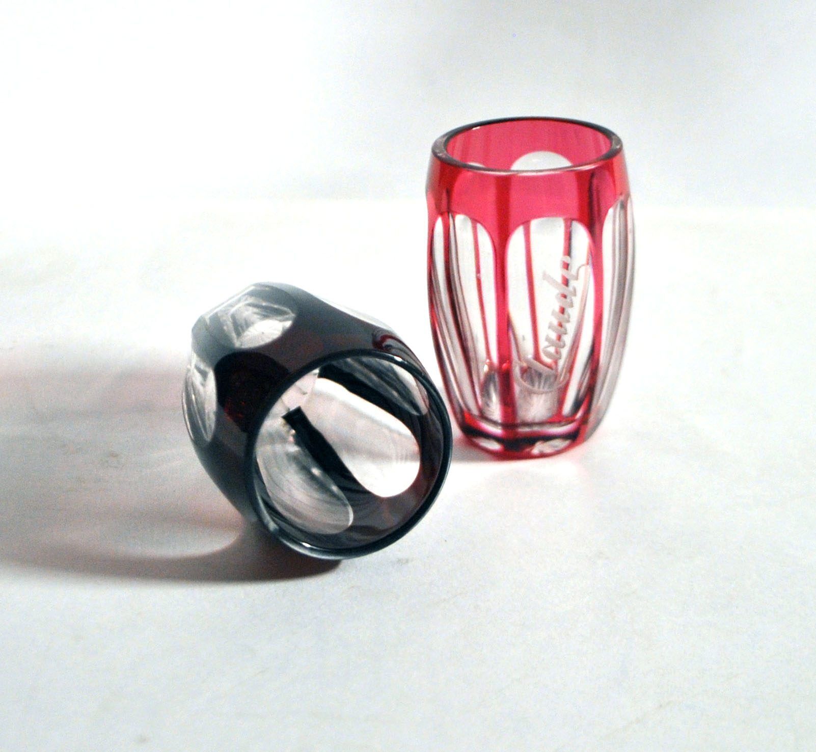 SAINT-LOUIS set of 2 crystal double overlay red engraved shooter glasses
