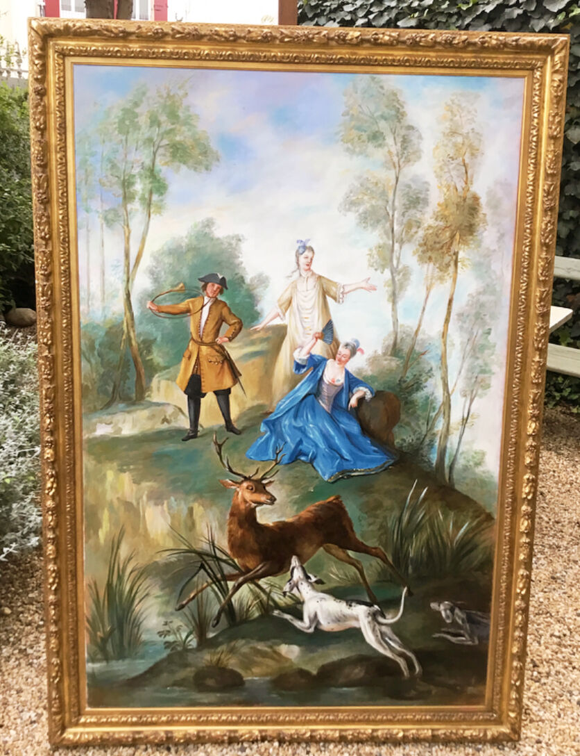 Large hunting painting after Oudry signed Dagher .oil on canvas framed