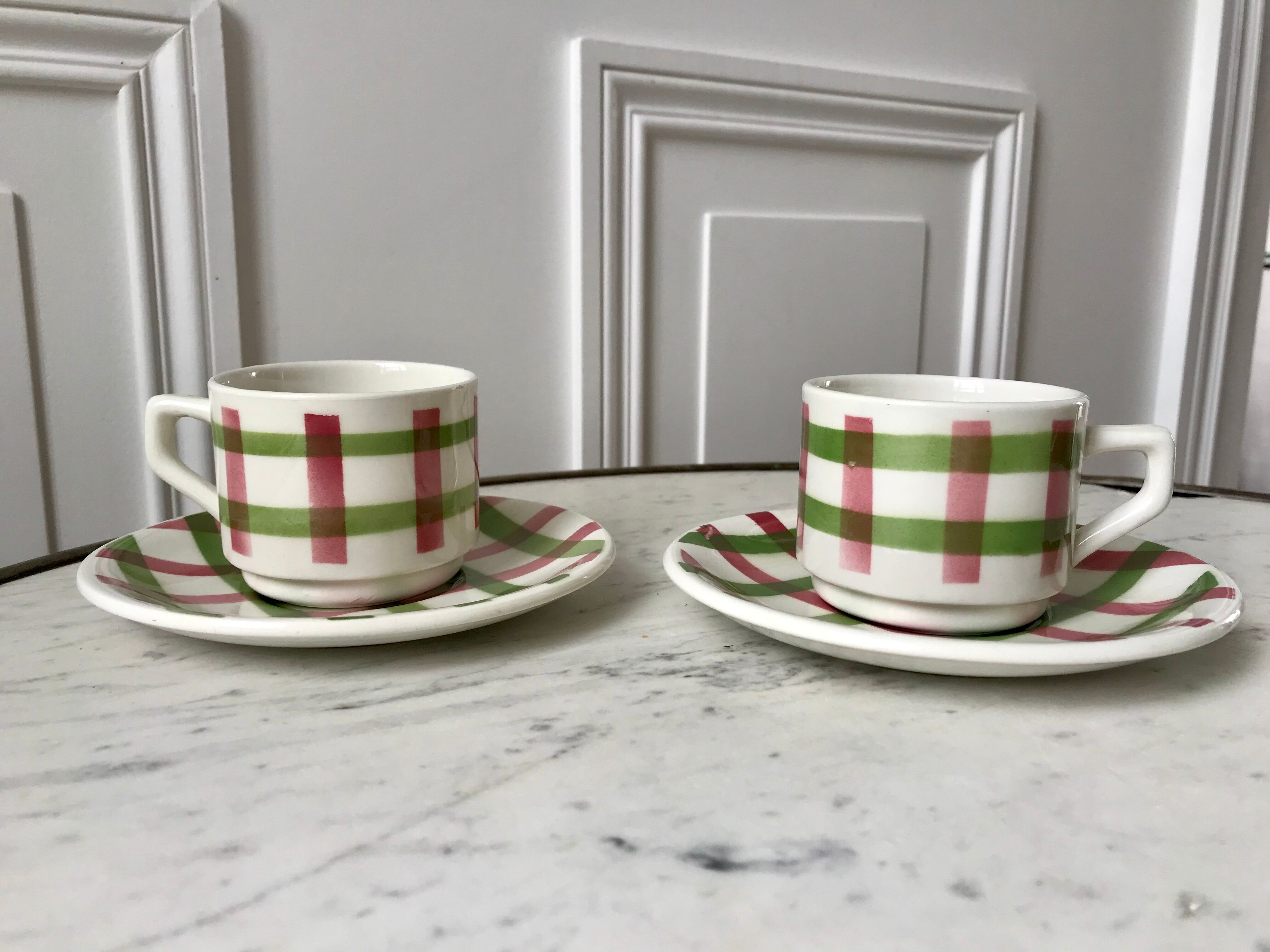Duo de tasses et sous-tasses à café motif écossais / vichy années 50