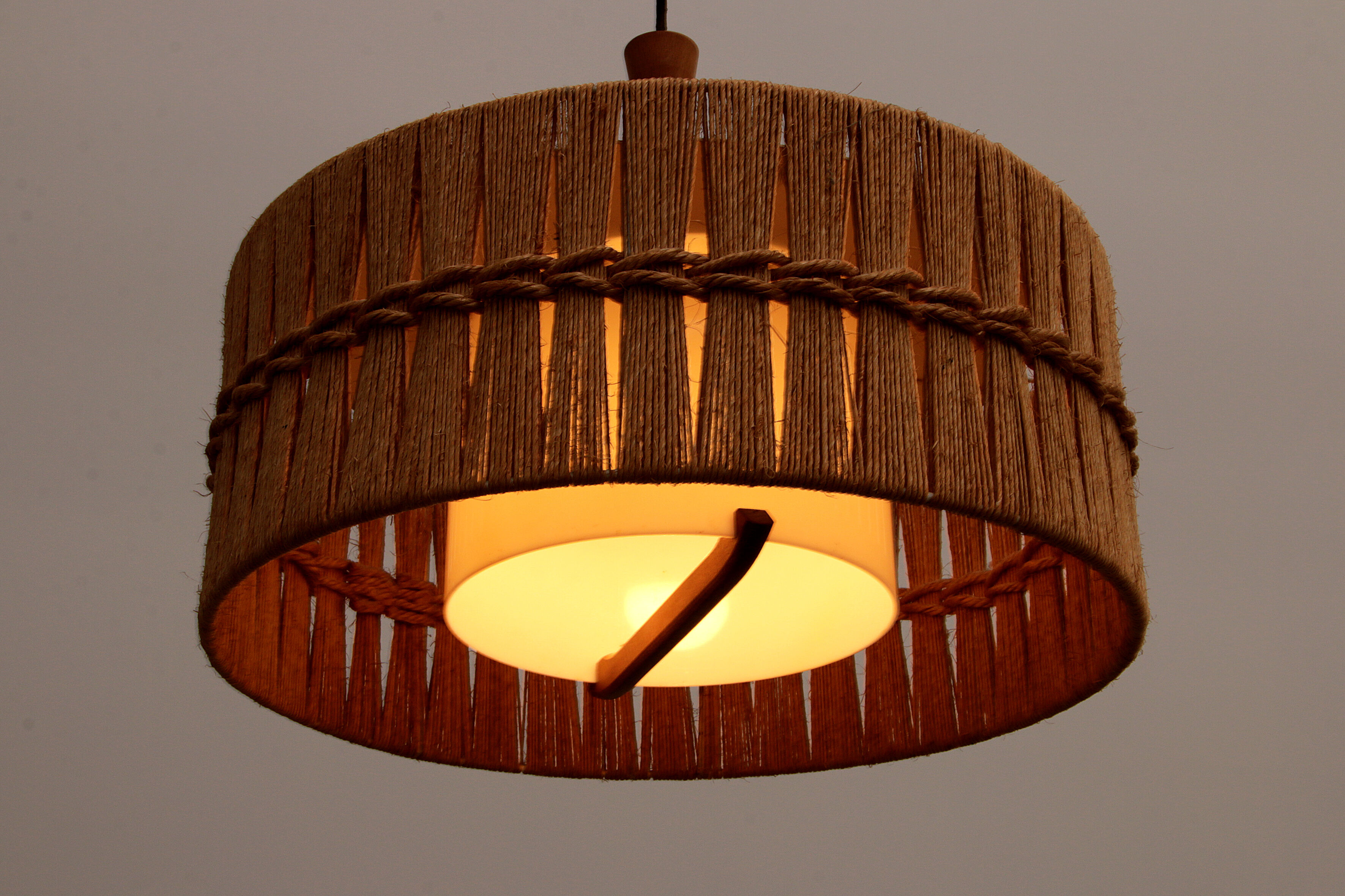 Vintage Temde Hanging Lamp with Teak and Raffia 1960s Germany.