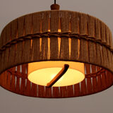 Vintage Temde Hanging Lamp with Teak and Raffia 1960s Germany.