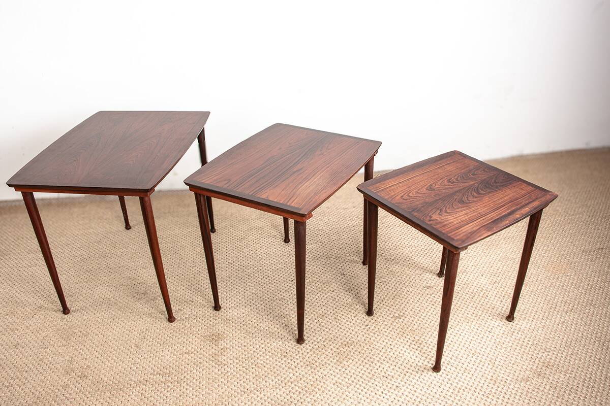 Three Danish nesting tables in rosewood by Mobelintersia 1960.