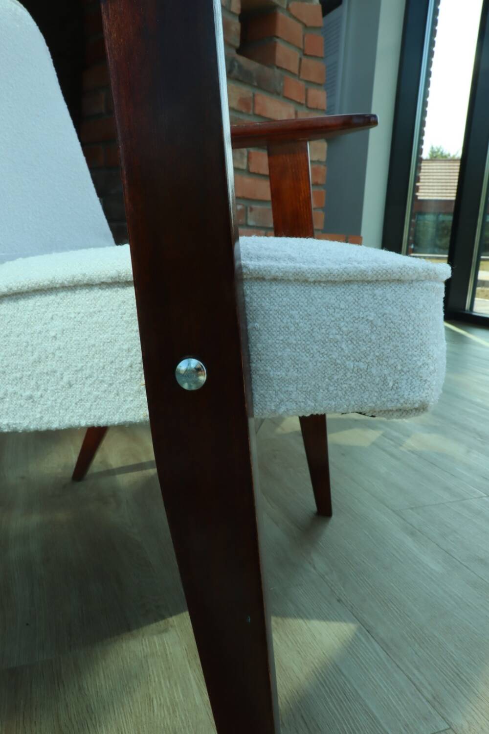 Scandinavian armchair snow white boucle dark walnut wood colour design by Chierowski 366 model